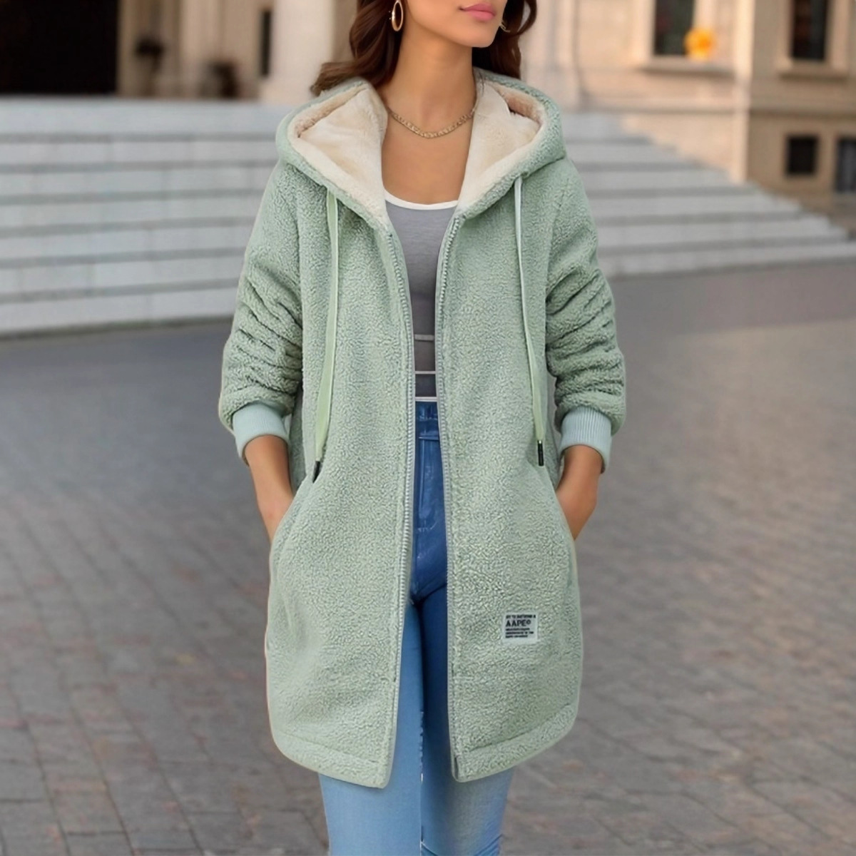 Thick Fleece Mid Length Jacket - Sherpa Hoodie Fleece บทวิจารณ์และราคา