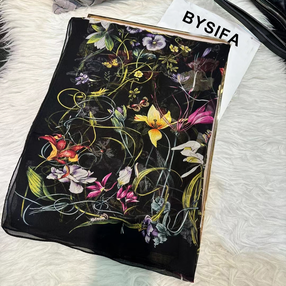 BYSIFA|New Black Pure Silk Wom - Shawl Wrap Winter บทวิจารณ์และราคา
