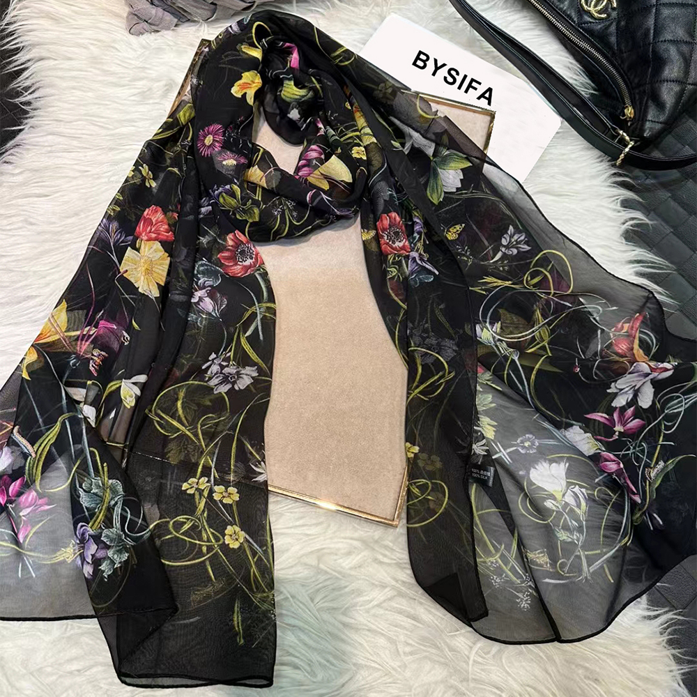 BYSIFA|New Black Pure Silk Wom - Shawl Wrap Winter บทวิจารณ์และราคา