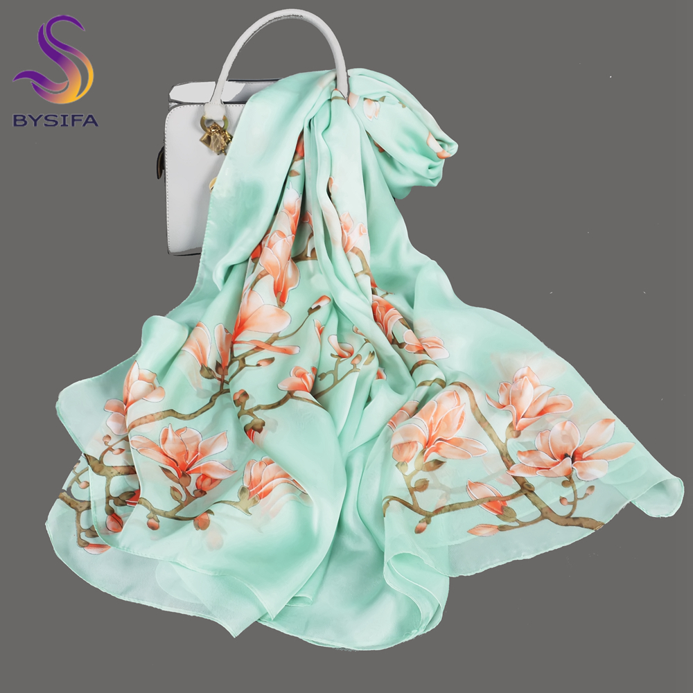 BYSIFA| Light Green Silk Scarf - Shawl Wrap Winter บทวิจารณ์และราคา