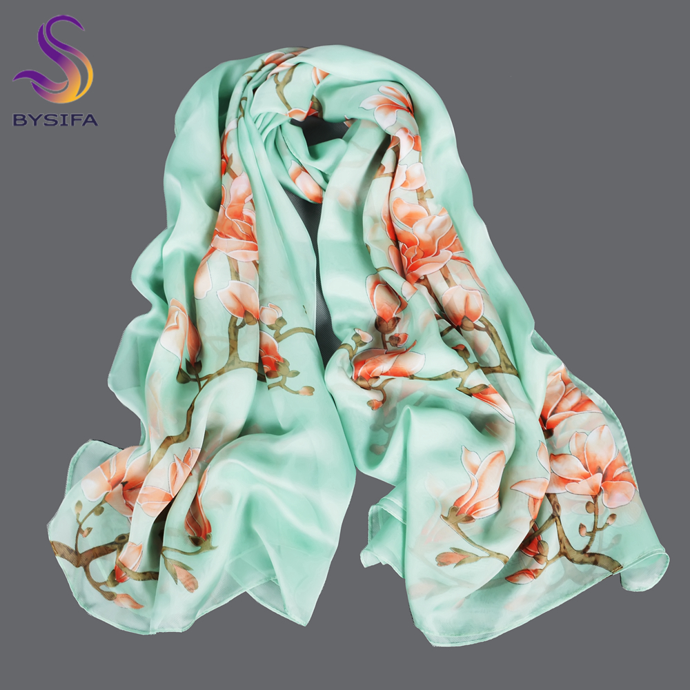 BYSIFA| Light Green Silk Scarf - Shawl Wrap Winter บทวิจารณ์และราคา