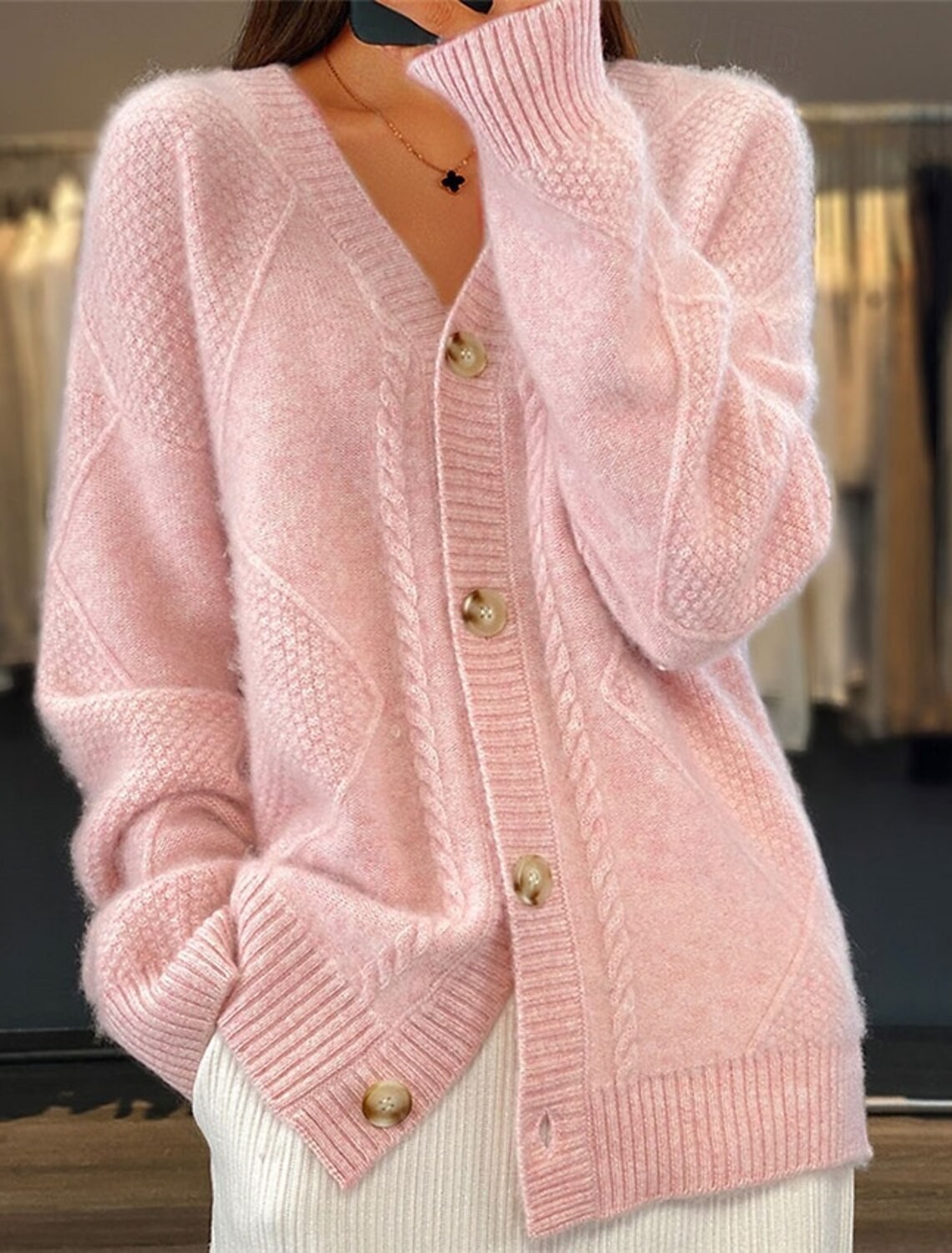 Women V Neck Cable Knit Cardig - Down Jacket Packable บทวิจารณ์และราคา