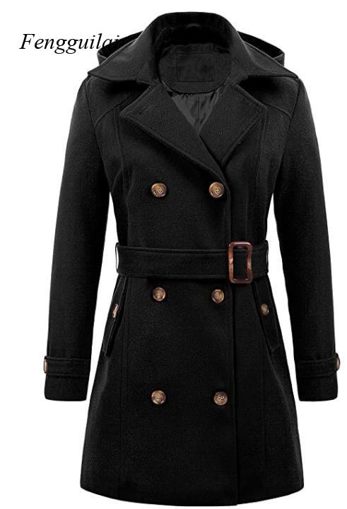 Women's Black Hooded Double Br - Wool Coat Peacoat บทวิจารณ์และราคา