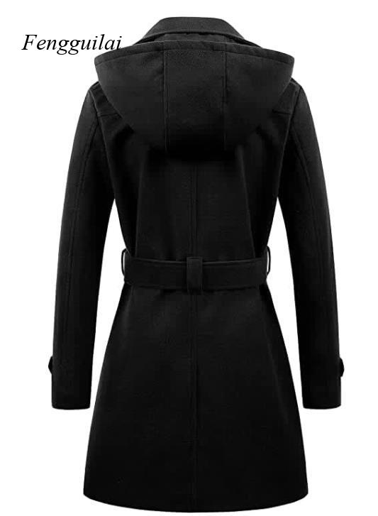 Women's Black Hooded Double Br - Wool Coat Peacoat บทวิจารณ์และราคา