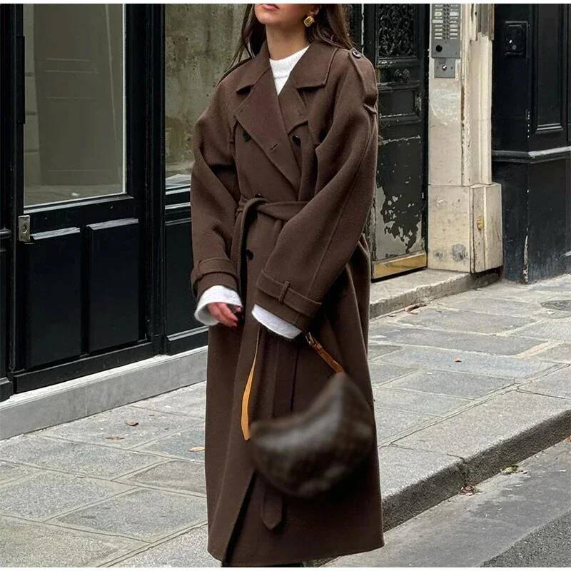 Elegant Grey Belt Long Faux Wo - Wool Coat Peacoat บทวิจารณ์และราคา