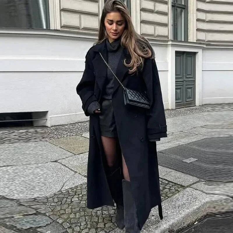 Elegant Grey Belt Long Faux Wo - Wool Coat Peacoat บทวิจารณ์และราคา