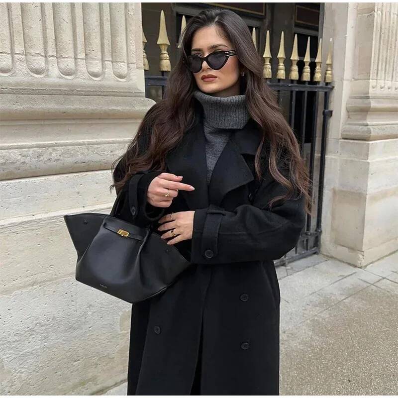 Elegant Grey Belt Long Faux Wo - Wool Coat Peacoat บทวิจารณ์และราคา