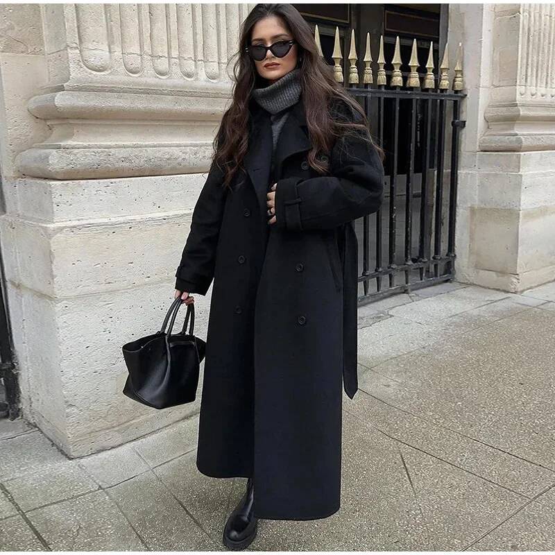 Elegant Grey Belt Long Faux Wo - Wool Coat Peacoat บทวิจารณ์และราคา